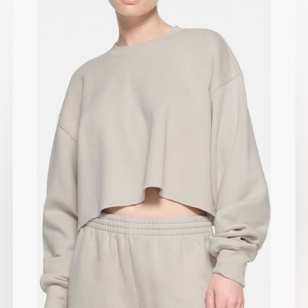 NWT SKIMS Cotton Fleece Cropped Pullover in Stone XS